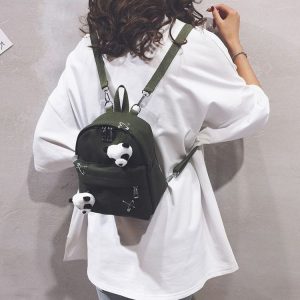 Mini Fashion Canvas Girl Dual Shoulder Backpack School Bag with Panda Pendant (Color: Green Size: OneSize)