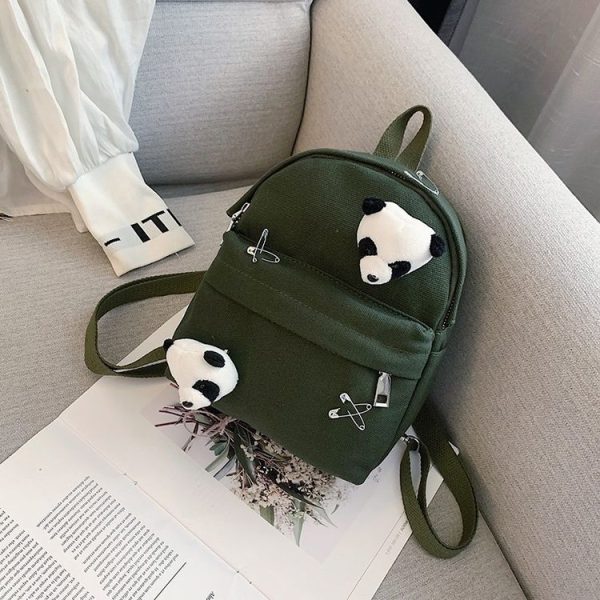 Mini Fashion Canvas Girl Dual Shoulder Backpack School Bag with Panda Pendant (Color: Green Size: OneSize) - Image 3