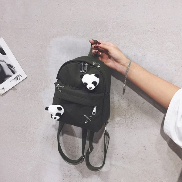 Mini Fashion Canvas Girl Dual Shoulder Backpack School Bag with Panda Pendant (Color: Green Size: OneSize) - Image 5