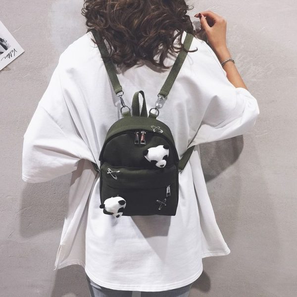 Mini Fashion Canvas Girl Dual Shoulder Backpack School Bag with Panda Pendant (Color: Green Size: OneSize) - Image 6