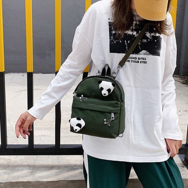 Mini Fashion Canvas Girl Dual Shoulder Backpack School Bag with Panda Pendant (Color: Green Size: OneSize) - Image 7