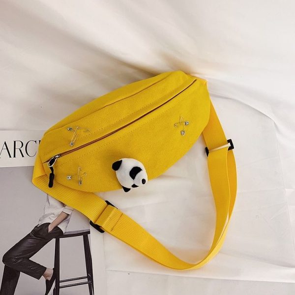 Fashion Canvas Single Shoulder Bag Waist Chest Bag Messenger Bag with Panda Doll Decoration (Color: Yellow Size: OneSize) - Image 3