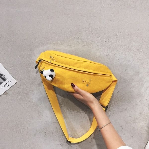 Fashion Canvas Single Shoulder Bag Waist Chest Bag Messenger Bag with Panda Doll Decoration (Color: Yellow Size: OneSize) - Image 4