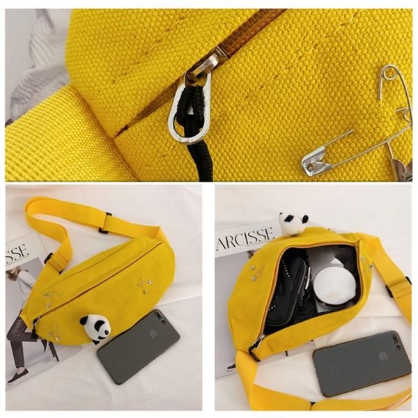 Fashion Canvas Single Shoulder Bag Waist Chest Bag Messenger Bag with Panda Doll Decoration (Color: Yellow Size: OneSize) - Image 7