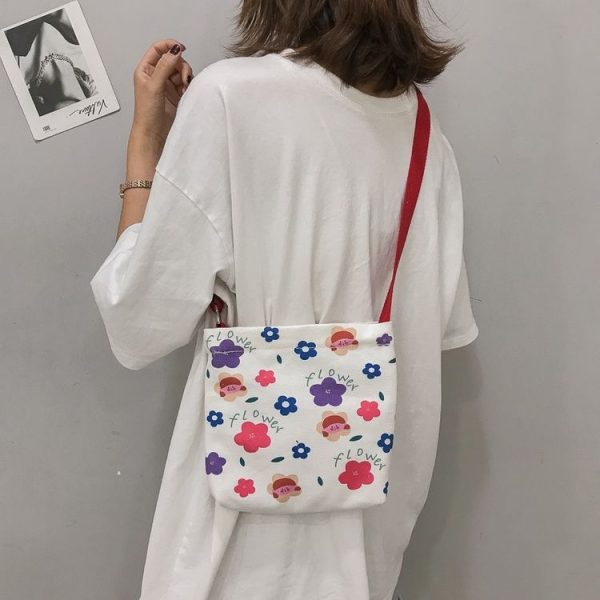 Cartoon Flower Pattern Canvas Single Shoulder Bag Handbag Messenger Bag (Color: Red Size: OneSize) - Image 3